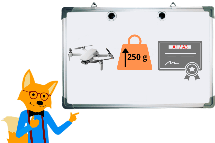 Der Smart Home Fox Experte zeigt auf einer Tafel, dass ein EU-Drohnenführerschein ab einem Drohnengewicht von 250 Gramm notwendig ist.